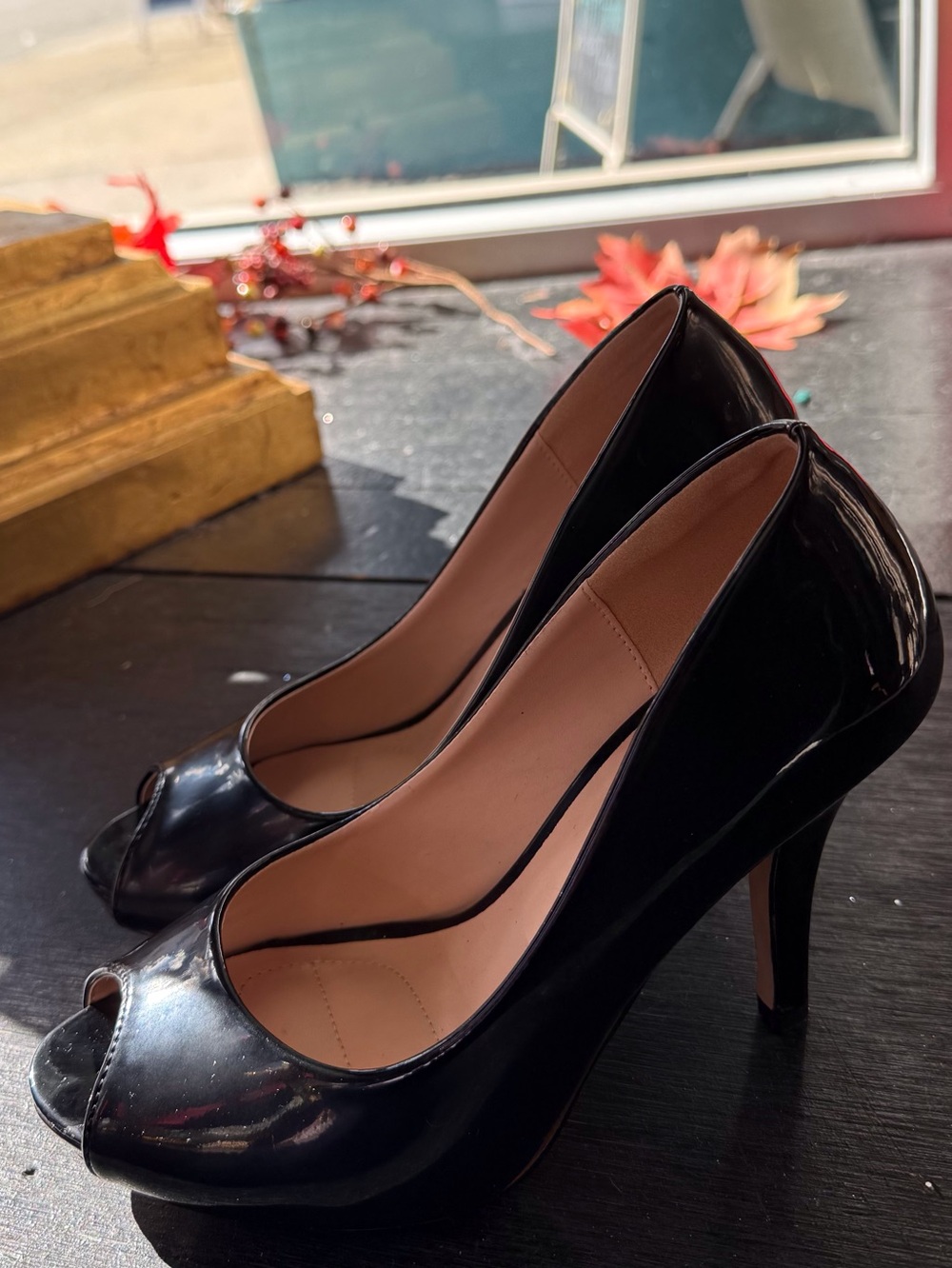 Peeptoe Patent Black Pumps